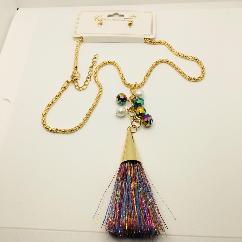 NECKLACE TASSEL & EARRINGS MULTI COLORED! Pierced! - Picture 6 of 11